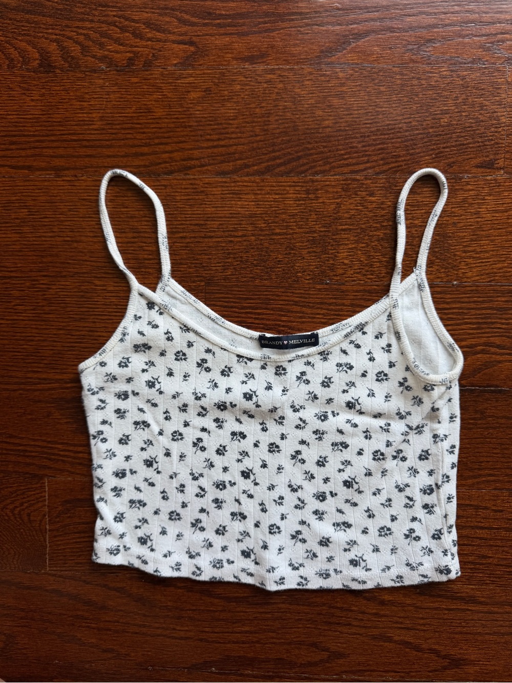 Brandy Melville White and Black Floral Ribbed Crop Tank Top